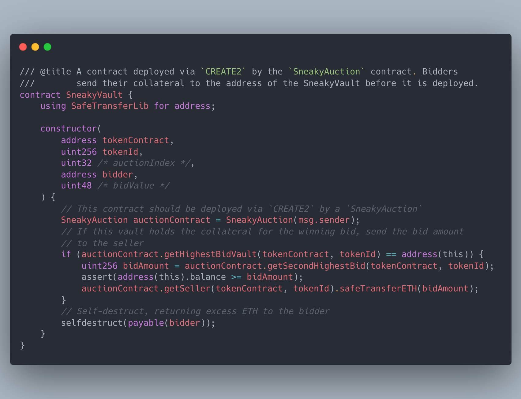sneakyvault Solidity auction contract