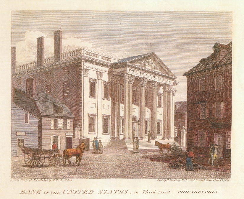 Hand-colored engraving of the First Bank of the United States building on Third Street in Philadelphia