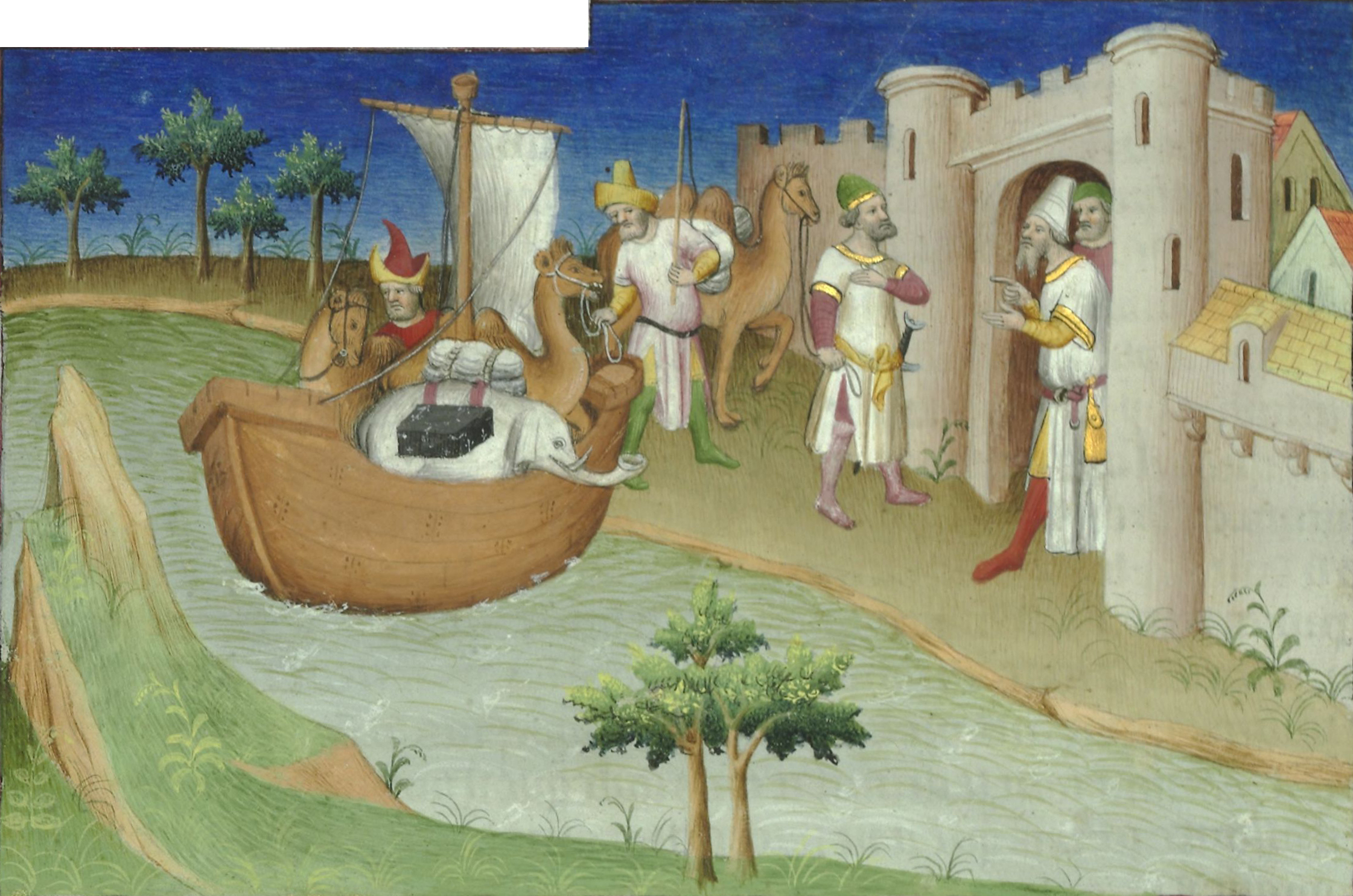 Medieval manuscript illustration of Marco Polo arriving by ship at Hormuz on the Persian Gulf