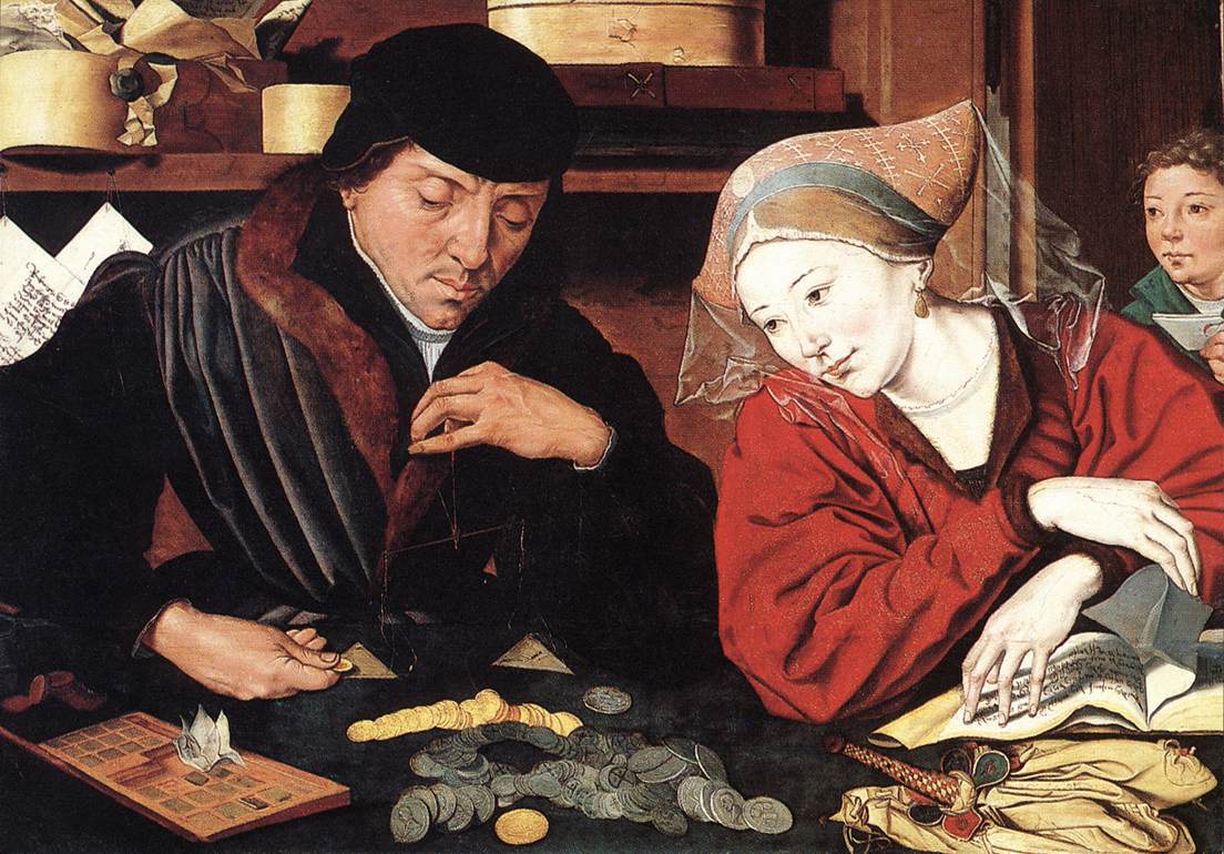 Painting of a moneychanger counting coins at a table beside his wife, who holds a book