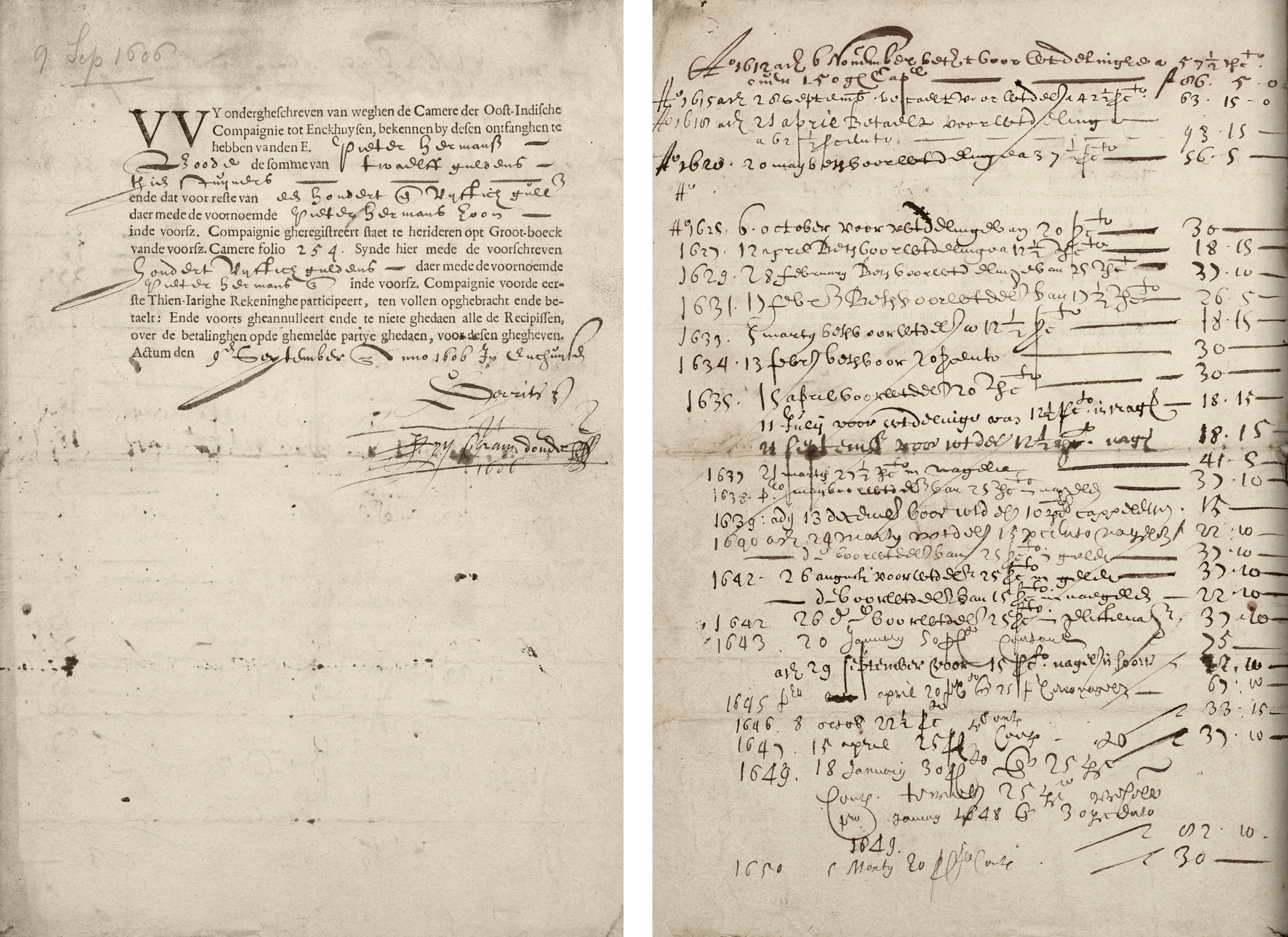 Two pages of a handwritten seventeenth-century Dutch stock certificate issued by the VOC