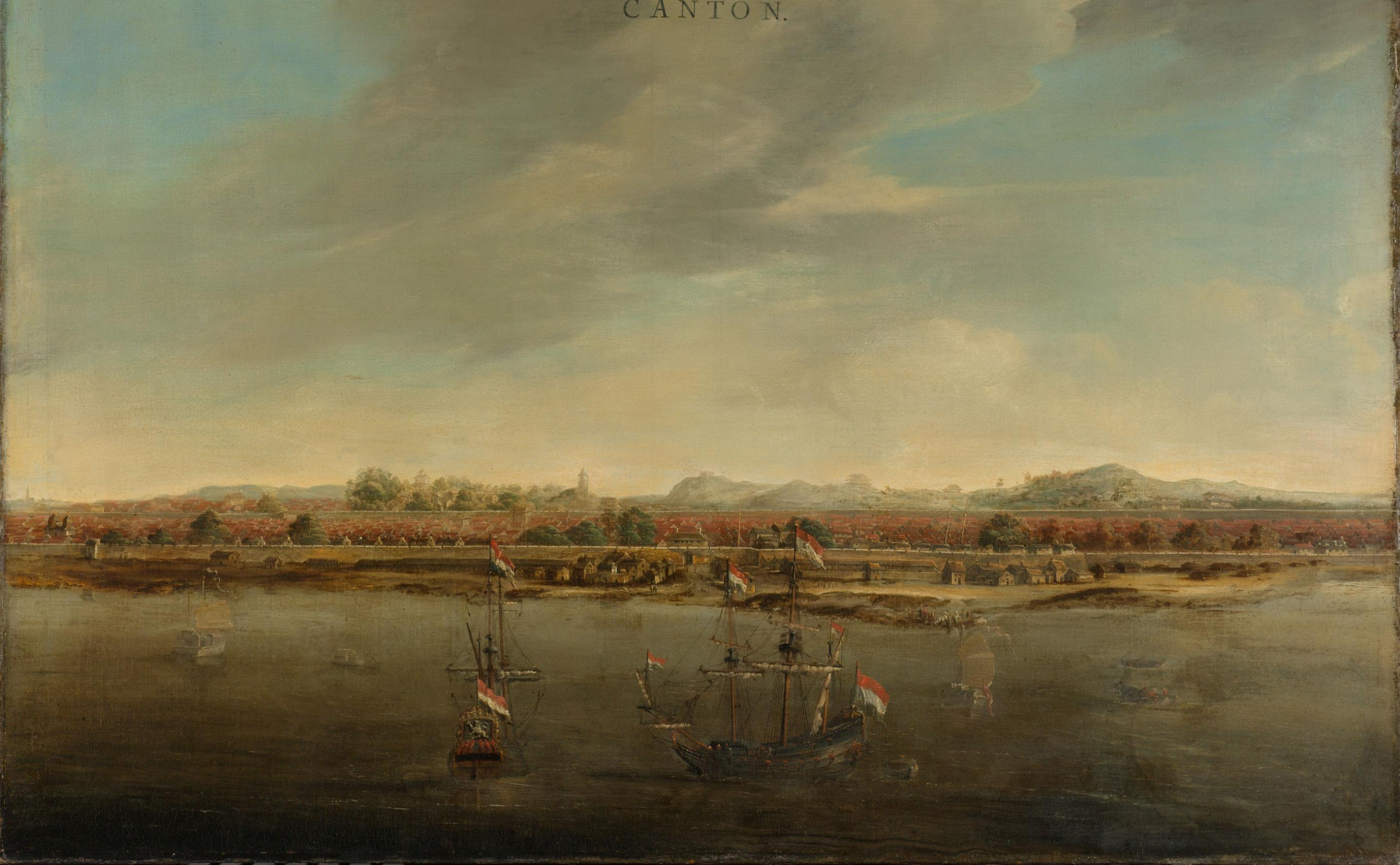 Painting of Dutch East India Company ships anchored on the water off Canton under a cloudy sky